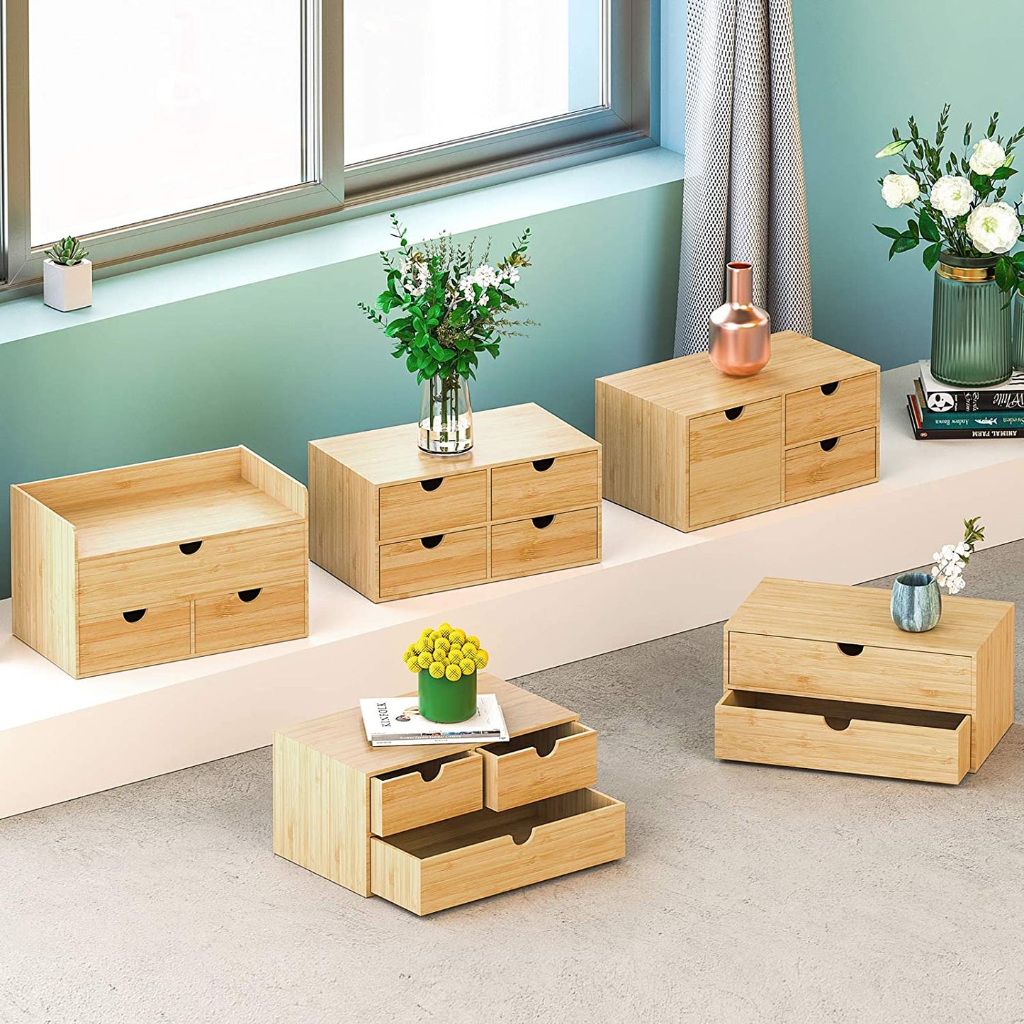 Wisuce Bamboo Desk Organizer - Mini Desktop Drawer Tabletop Storage Organization Box for Office Home Toiletries Supplies, No Assembly Required (3 Drawer)