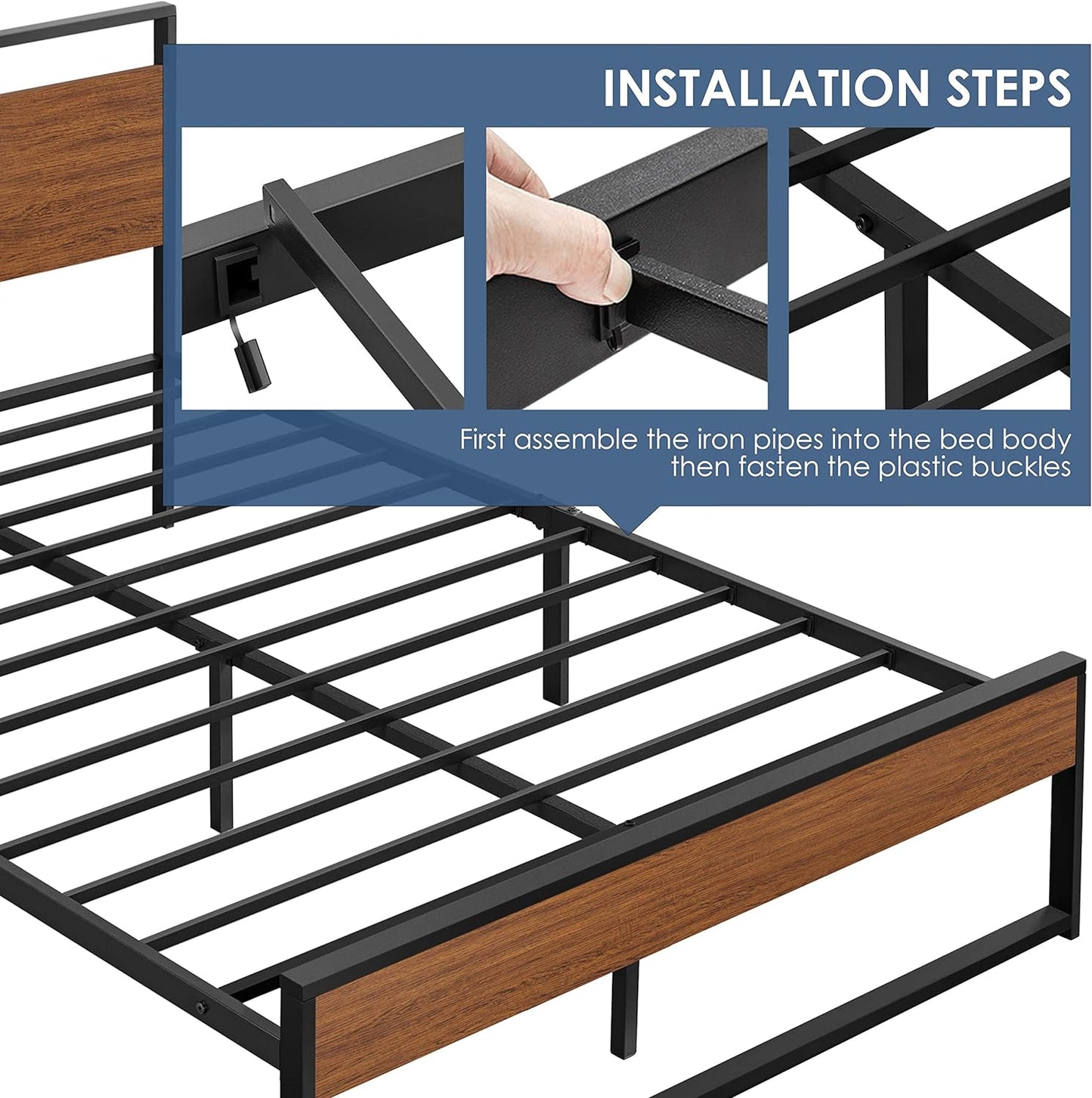 Yaheetech Queen Metal Platform Bed Frame with Rustic Wooden Headboard and Footboard, Mattress Foundation/No Box Spring Needed/12 Inch Underbed Storage/Slats Support/No Noise/Easy Assembly, Walnut