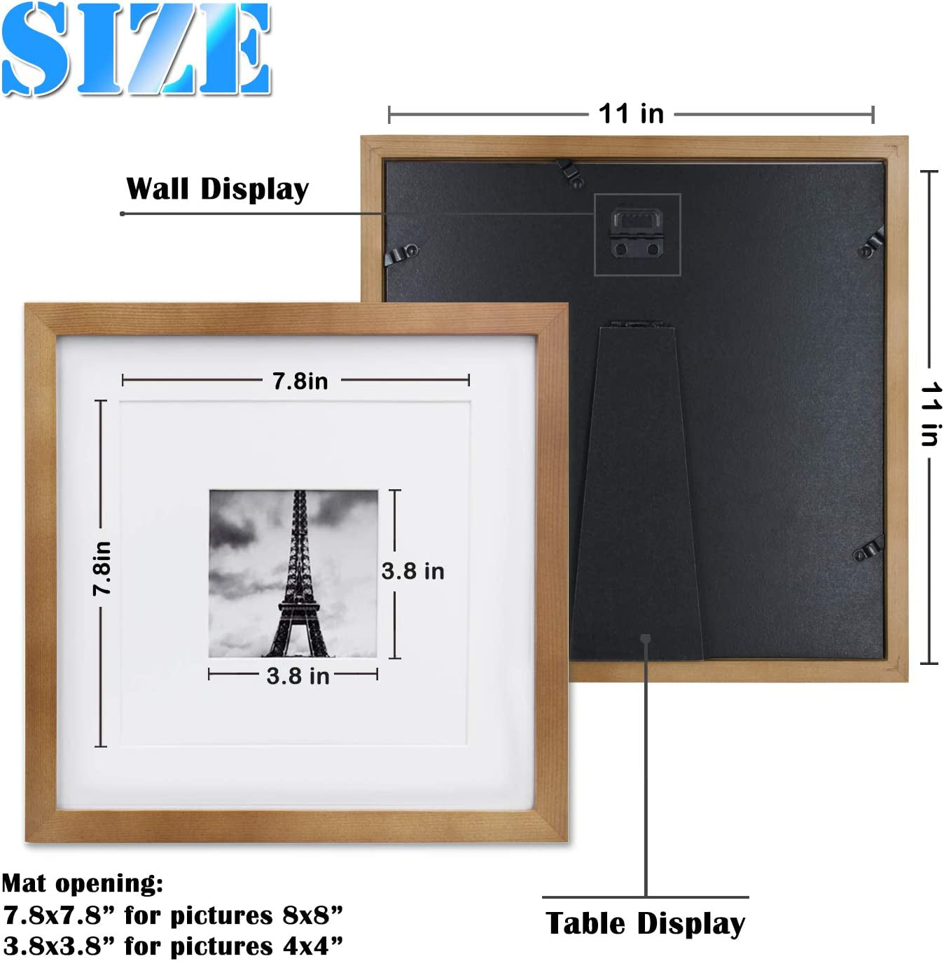 Egofine 11x11 Picture Frames - 4 Pack Solid Wood with Plexiglass, Versatile Table Top & Wall Mounting, Fits 8x8 with Mat or 11x11 without Mat - Light Brown