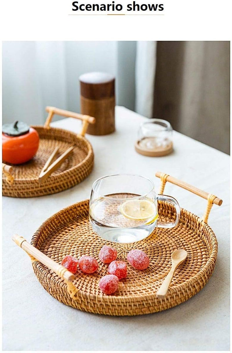 Stylish Hand-Made Round Rattan Tray with Handle - Perfect for Serving Bread, Coffee, Breakfast or Fruit (11"x11"x0.39")