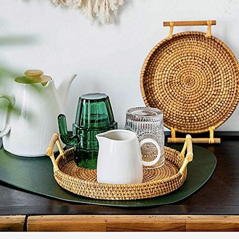 Stylish Hand-Made Round Rattan Tray with Handle - Perfect for Serving Bread, Coffee, Breakfast or Fruit (11"x11"x0.39")