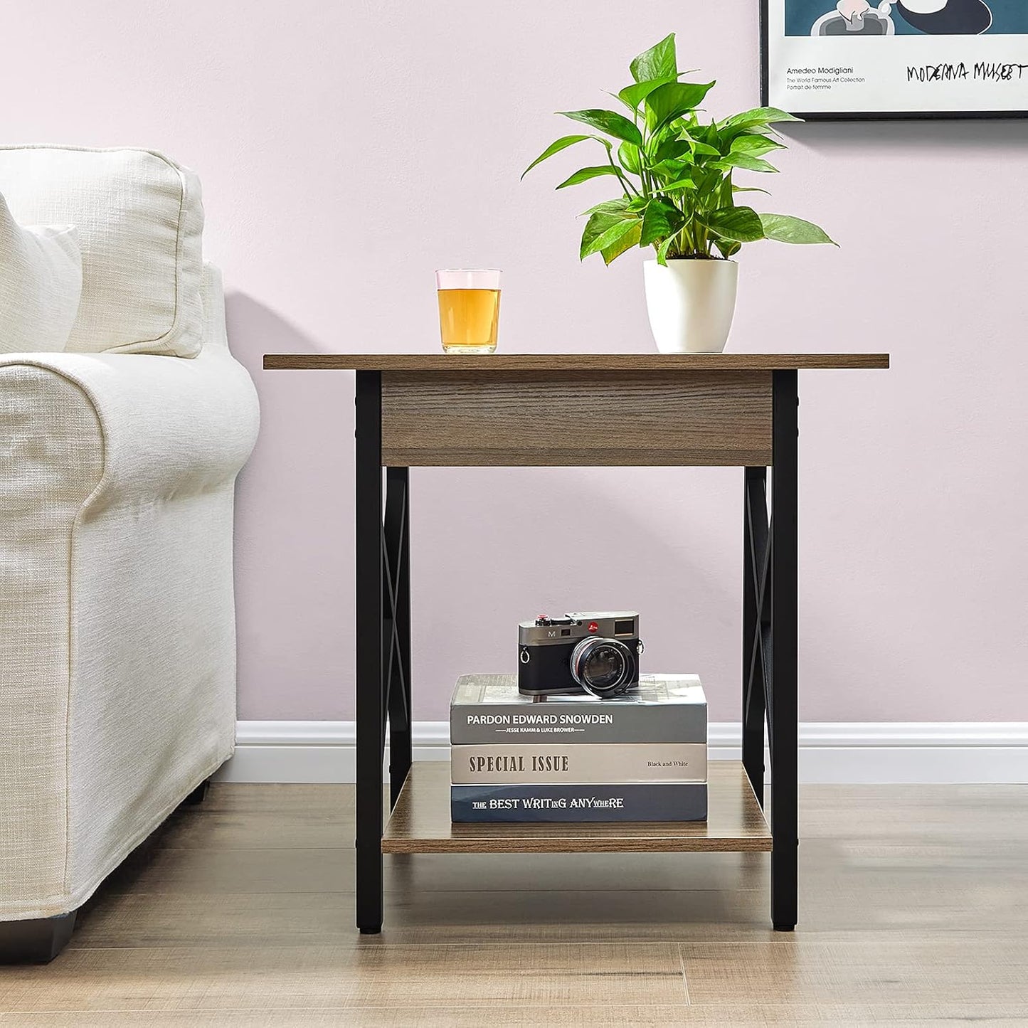 Greenforest End Table Large 24 Inch Farmhouse Industrial Design Side Table Nightstand with Storage Shelf for Living Room, Easy Assembly, Espresso