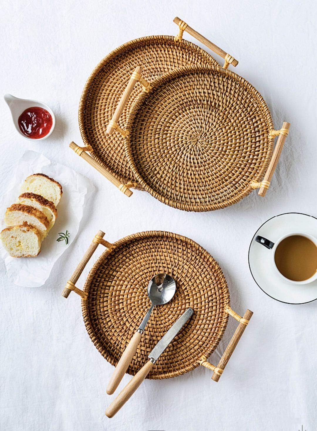 Stylish Hand-Made Round Rattan Tray with Handle - Perfect for Serving Bread, Coffee, Breakfast or Fruit (11"x11"x0.39")