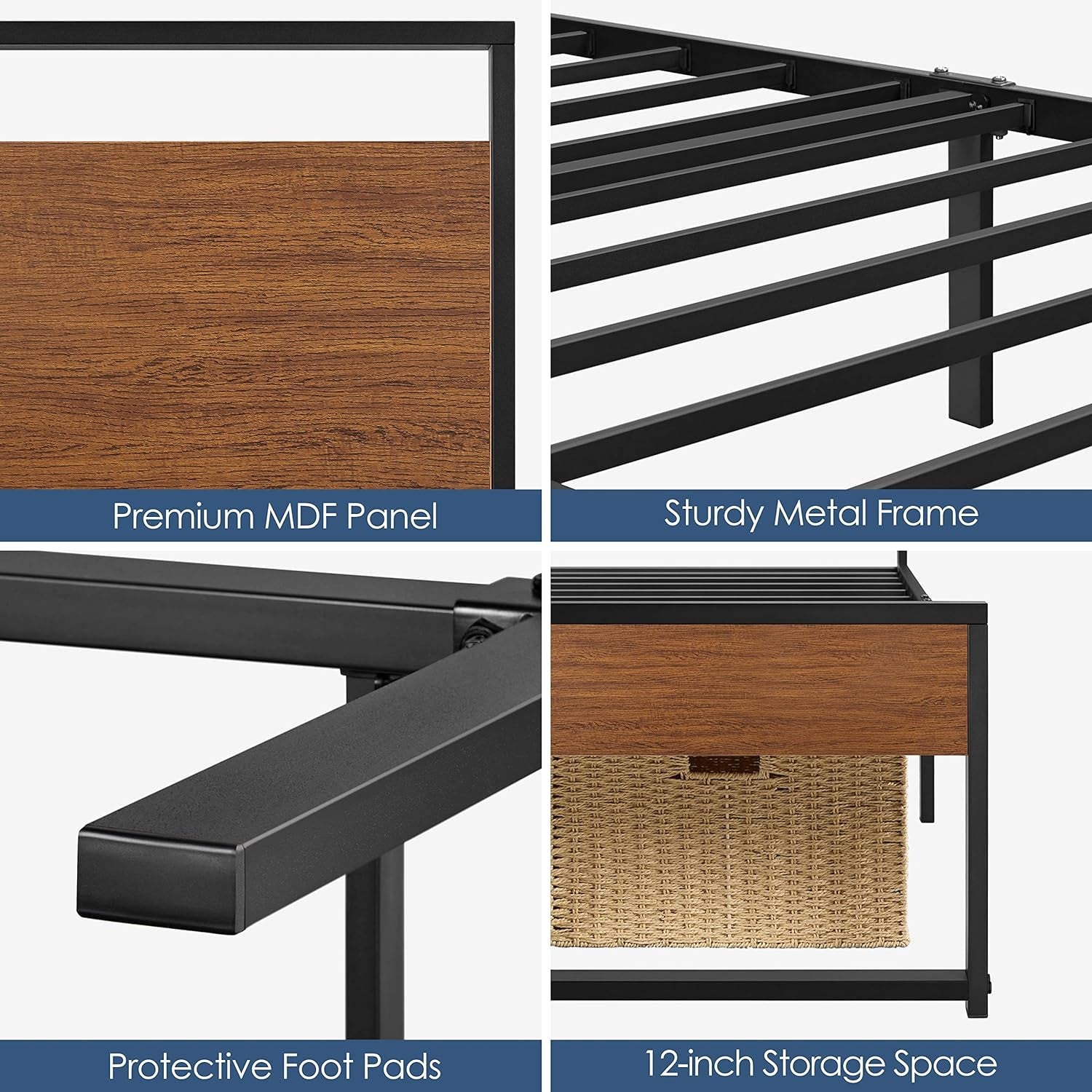 Yaheetech Queen Metal Platform Bed Frame with Rustic Wooden Headboard and Footboard, Mattress Foundation/No Box Spring Needed/12 Inch Underbed Storage/Slats Support/No Noise/Easy Assembly, Walnut