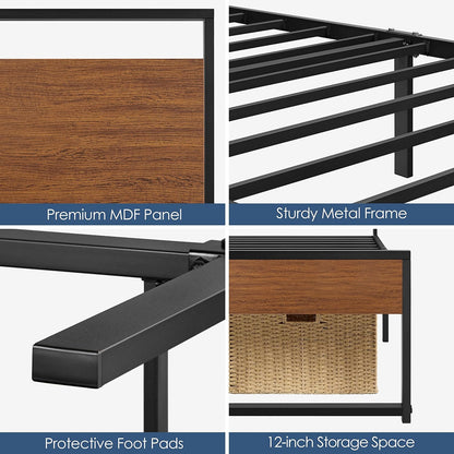 Yaheetech Queen Metal Platform Bed Frame with Rustic Wooden Headboard and Footboard, Mattress Foundation/No Box Spring Needed/12 Inch Underbed Storage/Slats Support/No Noise/Easy Assembly, Walnut
