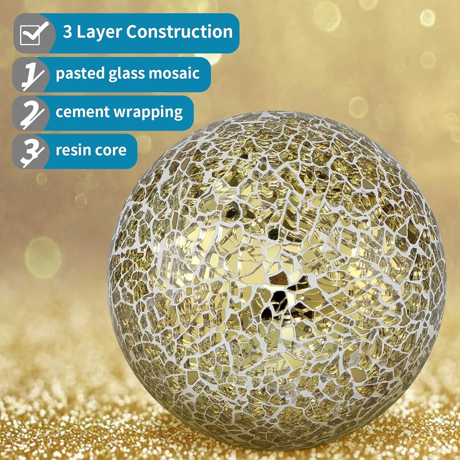 MDLUU 4" Decorative Orbs, Mosaic Sphere Balls, Centerpiece Balls for Bowls, Vases, Dining Table Decor, Pack of 3 (Gold)