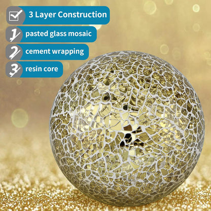 MDLUU 4" Decorative Orbs, Mosaic Sphere Balls, Centerpiece Balls for Bowls, Vases, Dining Table Decor, Pack of 3 (Gold)