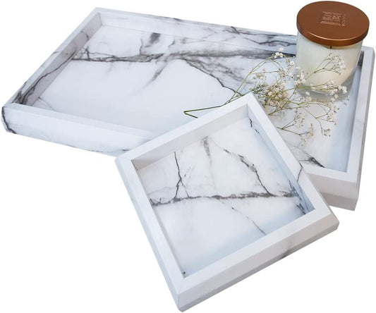 Elegant Marble Print Vanity Tray Set – Stylish Faux Marble Organization for Cosmetics, Jewelry & Candles – Perfect Catchall Tray for Entryway Décor (2 Pcs)