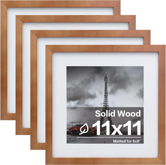 Egofine 11x11 Picture Frames - 4 Pack Solid Wood with Plexiglass, Versatile Table Top & Wall Mounting, Fits 8x8 with Mat or 11x11 without Mat - Light Brown