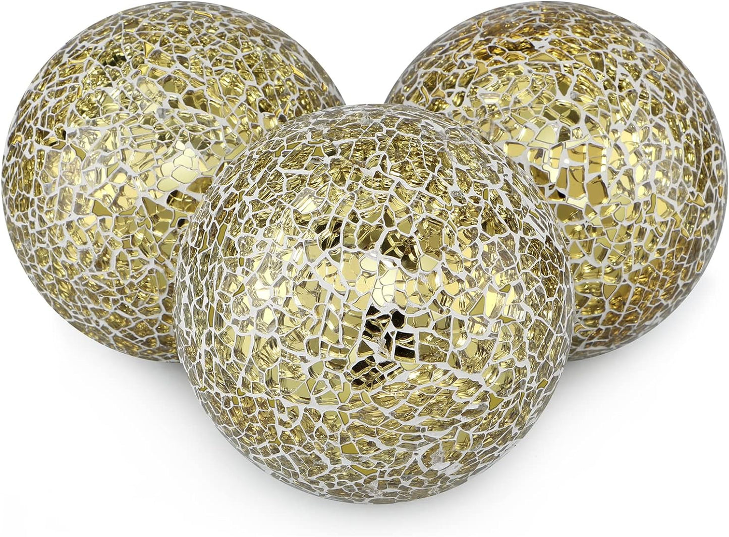 MDLUU 4" Decorative Orbs, Mosaic Sphere Balls, Centerpiece Balls for Bowls, Vases, Dining Table Decor, Pack of 3 (Gold)