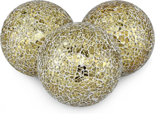 MDLUU 4" Decorative Orbs, Mosaic Sphere Balls, Centerpiece Balls for Bowls, Vases, Dining Table Decor, Pack of 3 (Gold)