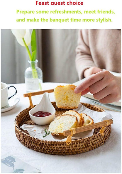 Stylish Hand-Made Round Rattan Tray with Handle - Perfect for Serving Bread, Coffee, Breakfast or Fruit (11"x11"x0.39")