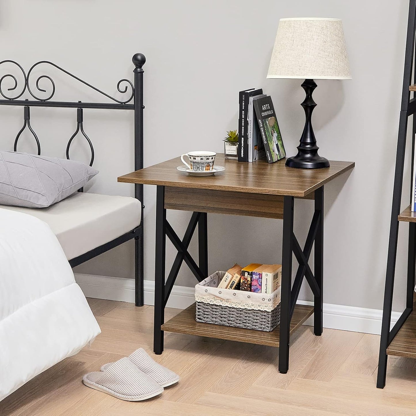 Greenforest End Table Large 24 Inch Farmhouse Industrial Design Side Table Nightstand with Storage Shelf for Living Room, Easy Assembly, Espresso