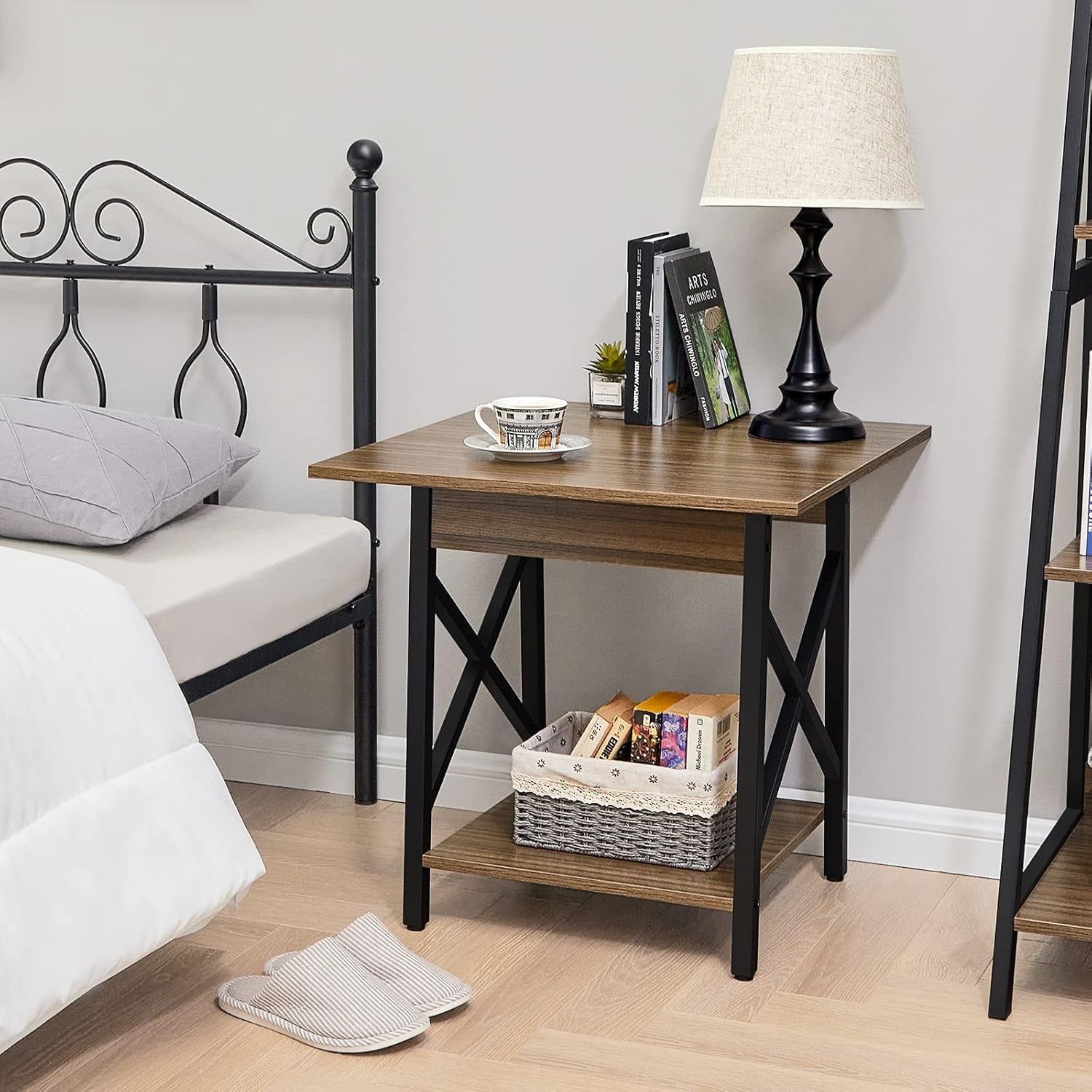 Greenforest End Table Large 24 Inch Farmhouse Industrial Design Side Table Nightstand with Storage Shelf for Living Room, Easy Assembly, Espresso