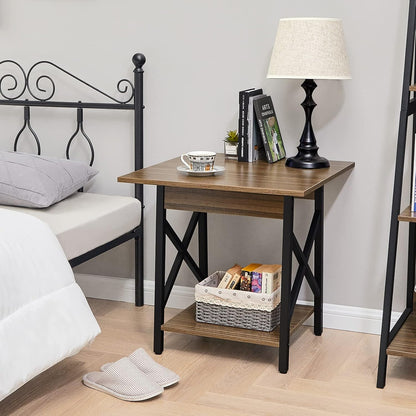 Greenforest End Table Large 24 Inch Farmhouse Industrial Design Side Table Nightstand with Storage Shelf for Living Room, Easy Assembly, Espresso