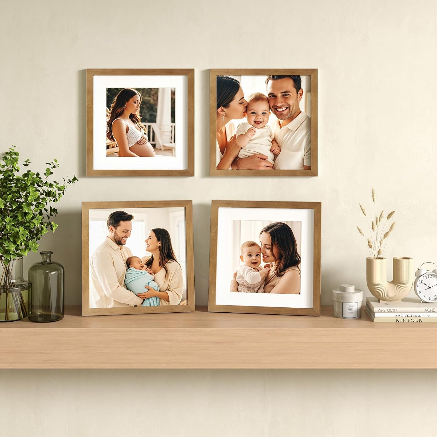 Egofine 11x11 Picture Frames - 4 Pack Solid Wood with Plexiglass, Versatile Table Top & Wall Mounting, Fits 8x8 with Mat or 11x11 without Mat - Light Brown