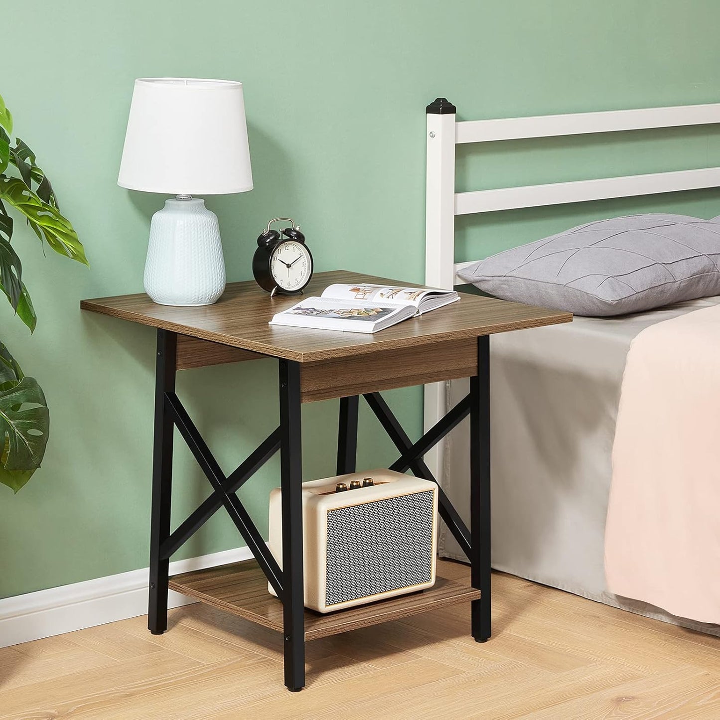 Greenforest End Table Large 24 Inch Farmhouse Industrial Design Side Table Nightstand with Storage Shelf for Living Room, Easy Assembly, Espresso