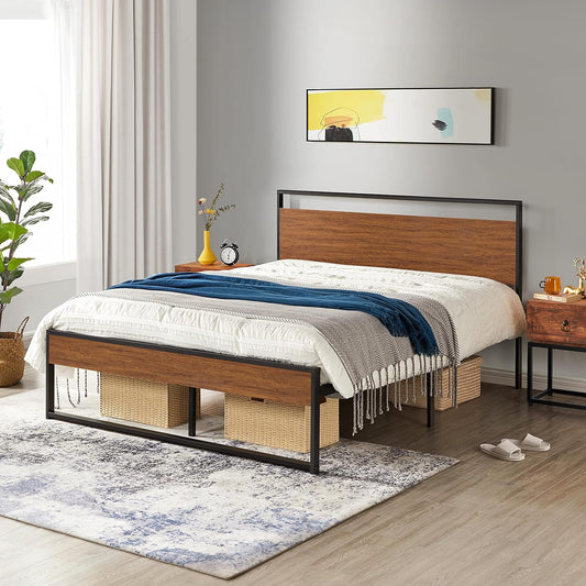 Yaheetech Queen Metal Platform Bed Frame with Rustic Wooden Headboard and Footboard, Mattress Foundation/No Box Spring Needed/12 Inch Underbed Storage/Slats Support/No Noise/Easy Assembly, Walnut