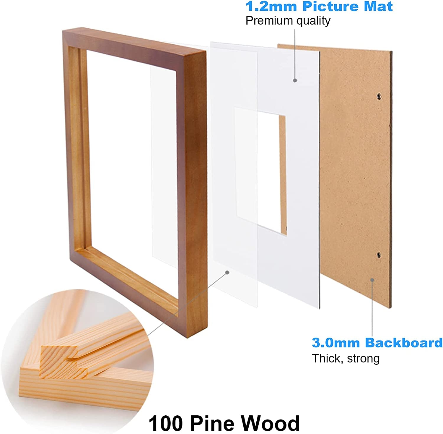 Egofine 11x11 Picture Frames - 4 Pack Solid Wood with Plexiglass, Versatile Table Top & Wall Mounting, Fits 8x8 with Mat or 11x11 without Mat - Light Brown
