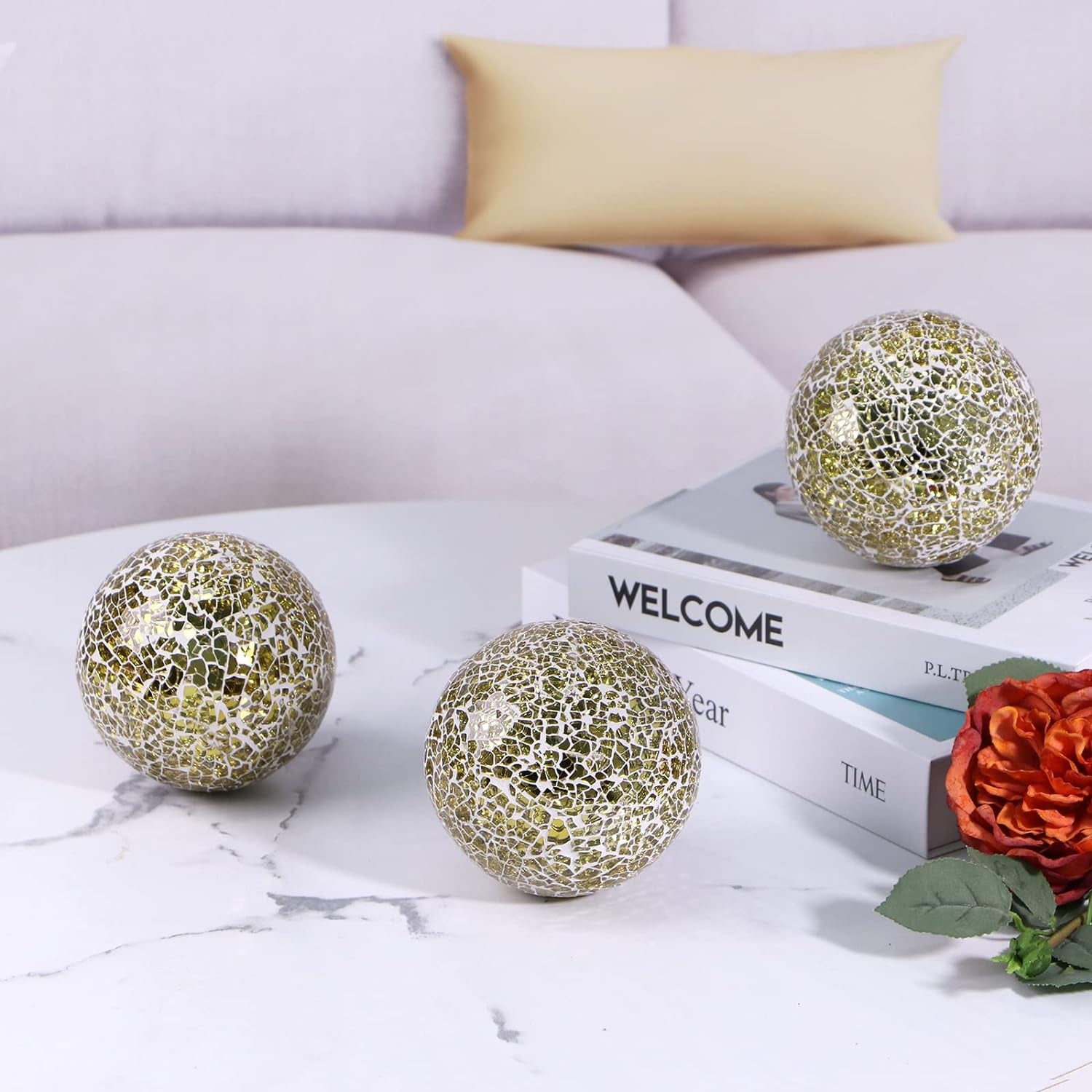 MDLUU 4" Decorative Orbs, Mosaic Sphere Balls, Centerpiece Balls for Bowls, Vases, Dining Table Decor, Pack of 3 (Gold)