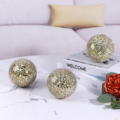 MDLUU 4" Decorative Orbs, Mosaic Sphere Balls, Centerpiece Balls for Bowls, Vases, Dining Table Decor, Pack of 3 (Gold)