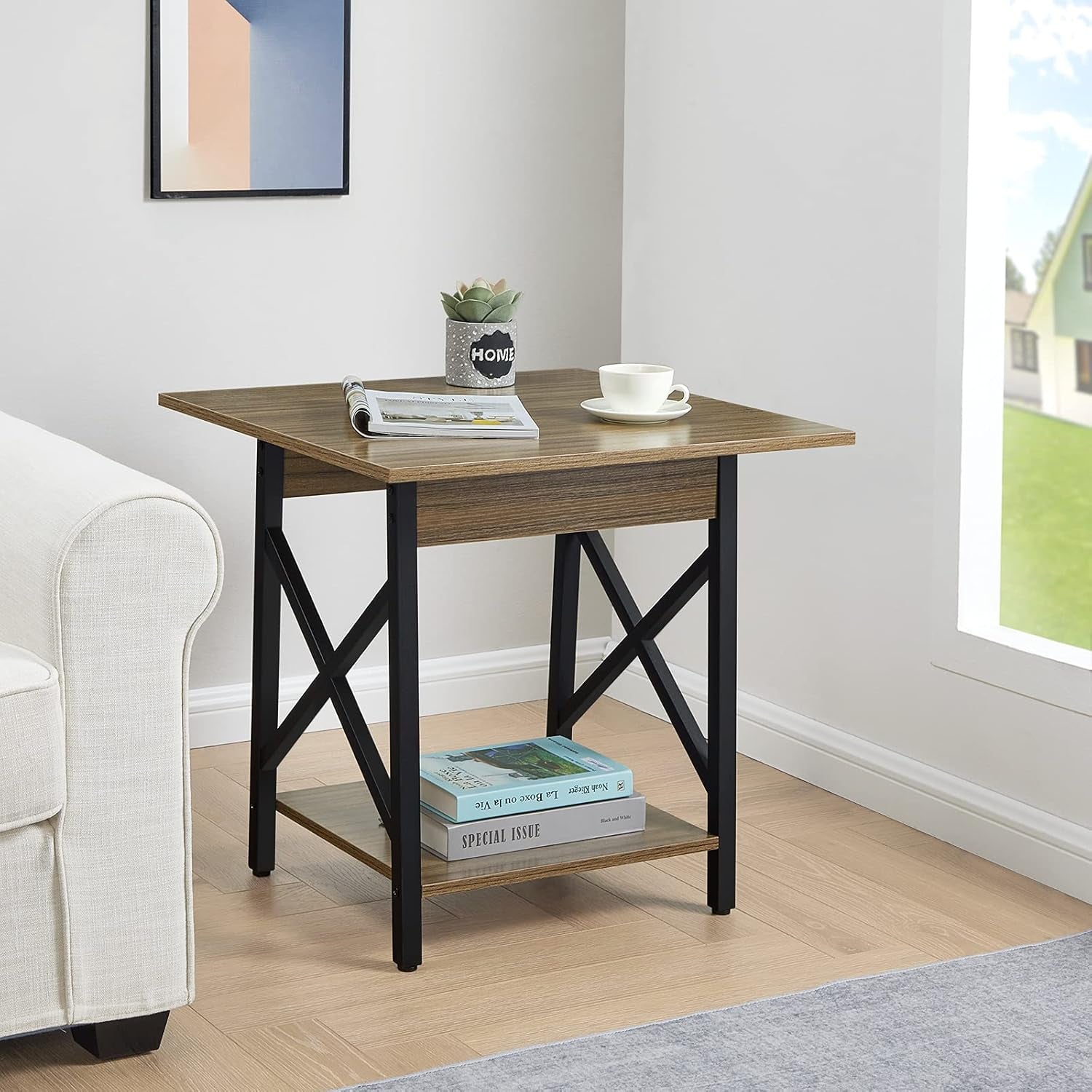 Greenforest End Table Large 24 Inch Farmhouse Industrial Design Side Table Nightstand with Storage Shelf for Living Room, Easy Assembly, Espresso