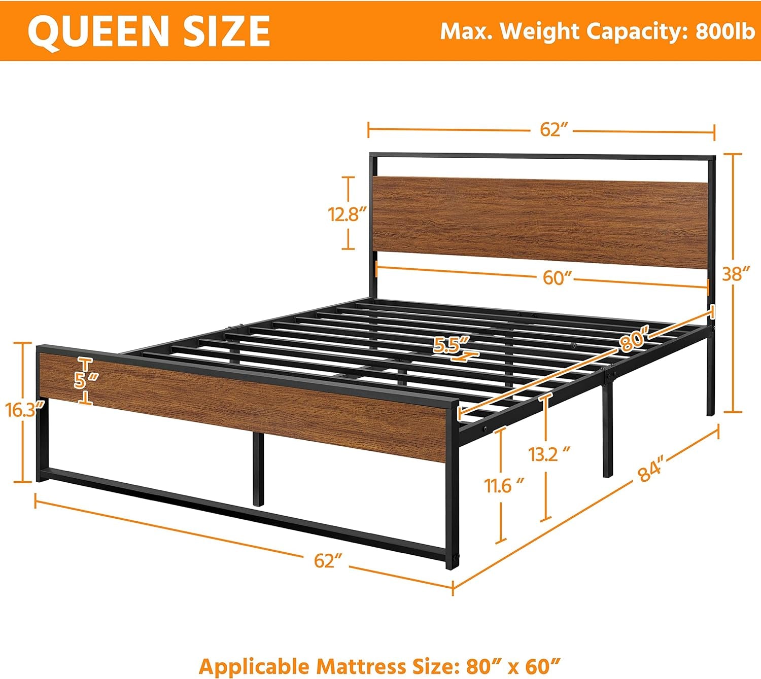 Yaheetech Queen Metal Platform Bed Frame with Rustic Wooden Headboard and Footboard, Mattress Foundation/No Box Spring Needed/12 Inch Underbed Storage/Slats Support/No Noise/Easy Assembly, Walnut