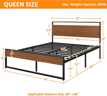 Yaheetech Queen Metal Platform Bed Frame with Rustic Wooden Headboard and Footboard, Mattress Foundation/No Box Spring Needed/12 Inch Underbed Storage/Slats Support/No Noise/Easy Assembly, Walnut