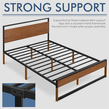 Yaheetech Queen Metal Platform Bed Frame with Rustic Wooden Headboard and Footboard, Mattress Foundation/No Box Spring Needed/12 Inch Underbed Storage/Slats Support/No Noise/Easy Assembly, Walnut