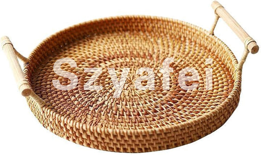 Stylish Hand-Made Round Rattan Tray with Handle - Perfect for Serving Bread, Coffee, Breakfast or Fruit (11"x11"x0.39")