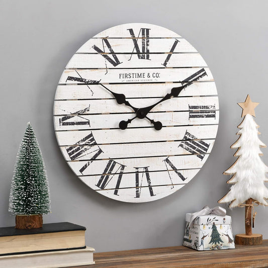 Firstime & Co. White Farmhouse Shiplap Wall Clock, Large Vintage Decor for Living Room, Home Office, Round, Wood, Boho, 18 Inches