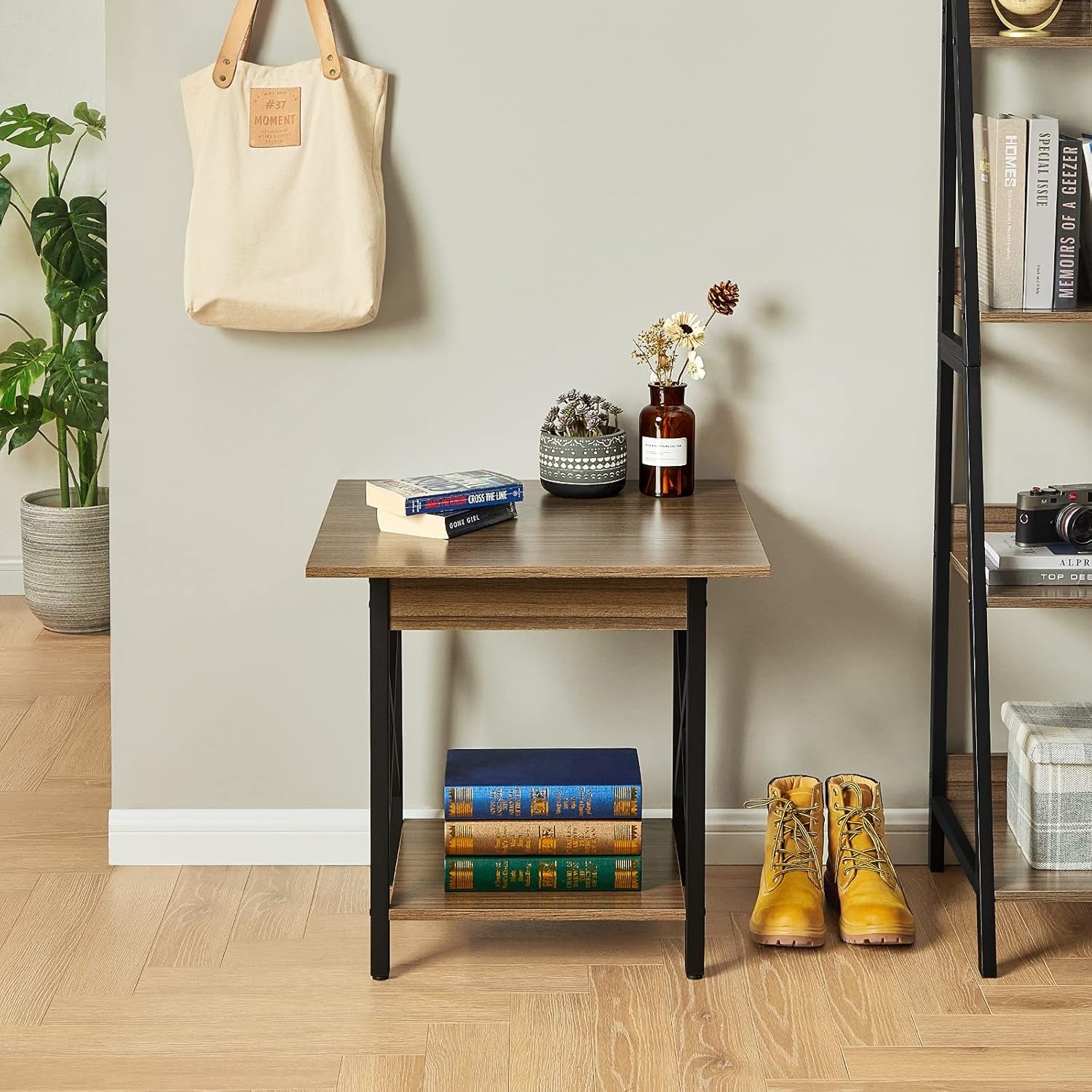 Greenforest End Table Large 24 Inch Farmhouse Industrial Design Side Table Nightstand with Storage Shelf for Living Room, Easy Assembly, Espresso