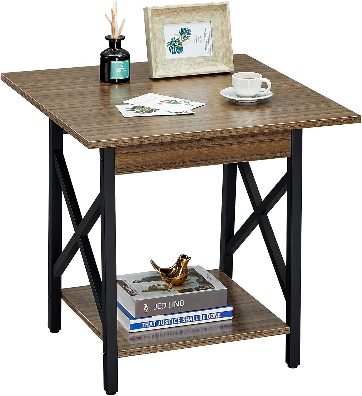 Greenforest End Table Large 24 Inch Farmhouse Industrial Design Side Table Nightstand with Storage Shelf for Living Room, Easy Assembly, Espresso