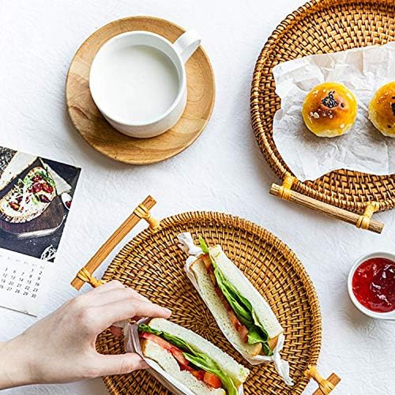 Stylish Hand-Made Round Rattan Tray with Handle - Perfect for Serving Bread, Coffee, Breakfast or Fruit (11"x11"x0.39")