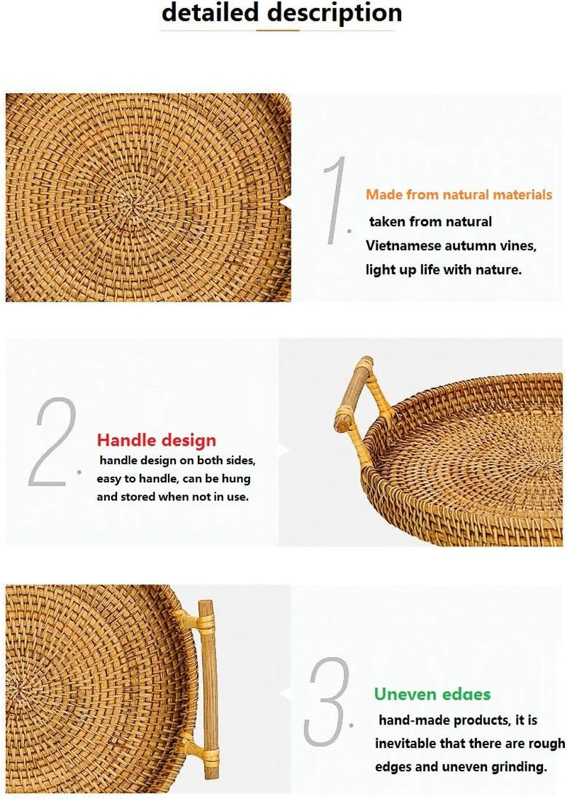 Stylish Hand-Made Round Rattan Tray with Handle - Perfect for Serving Bread, Coffee, Breakfast or Fruit (11"x11"x0.39")