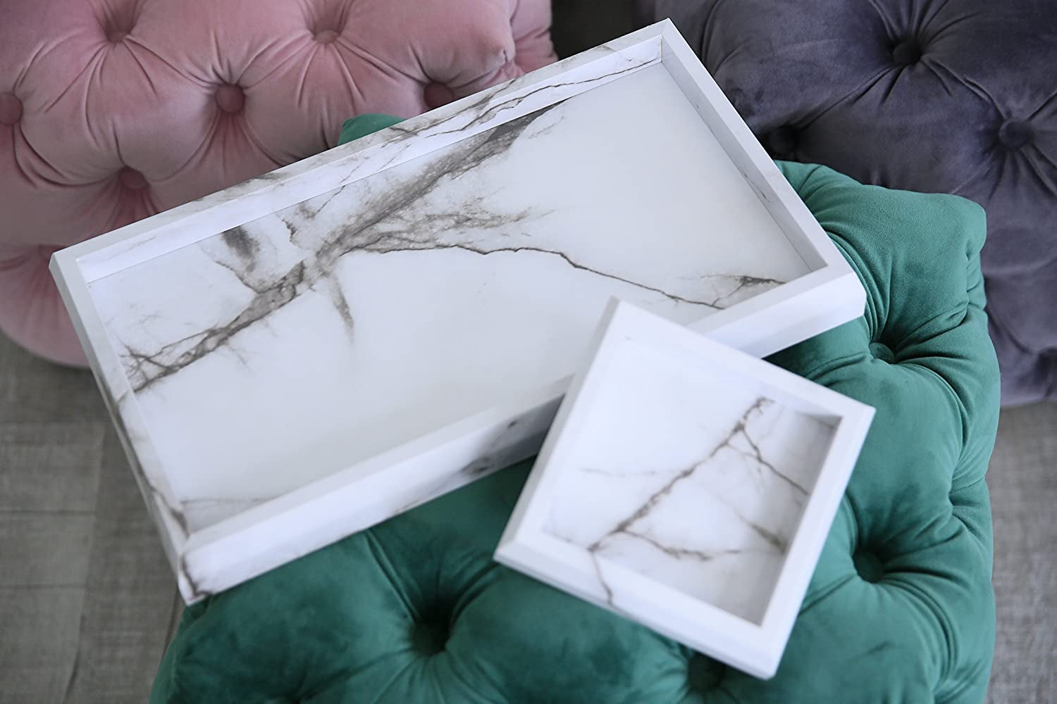 Elegant Marble Print Vanity Tray Set – Stylish Faux Marble Organization for Cosmetics, Jewelry & Candles – Perfect Catchall Tray for Entryway Décor (2 Pcs)