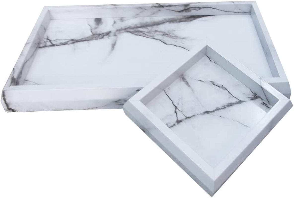 Elegant Marble Print Vanity Tray Set – Stylish Faux Marble Organization for Cosmetics, Jewelry & Candles – Perfect Catchall Tray for Entryway Décor (2 Pcs)
