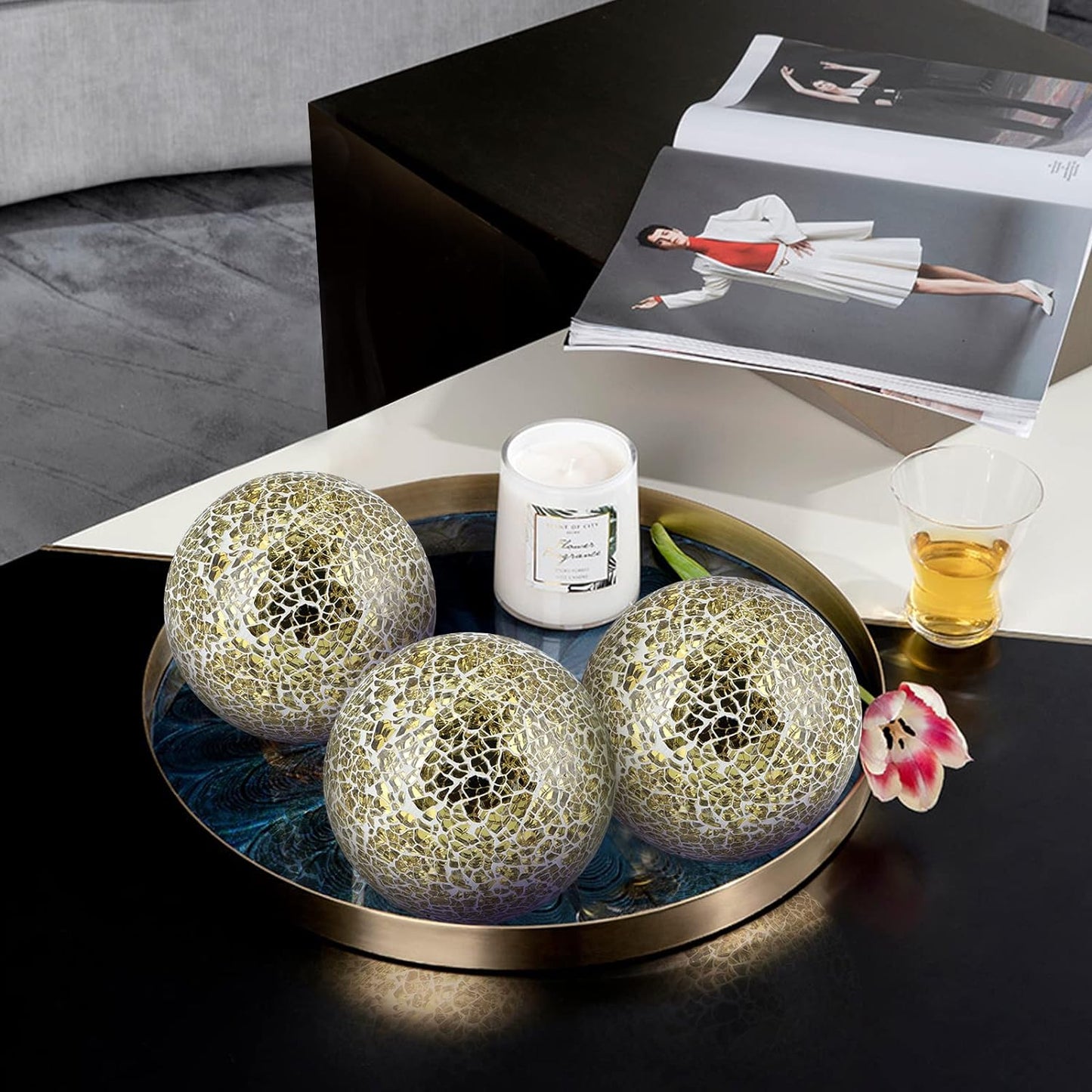 MDLUU 4" Decorative Orbs, Mosaic Sphere Balls, Centerpiece Balls for Bowls, Vases, Dining Table Decor, Pack of 3 (Gold)